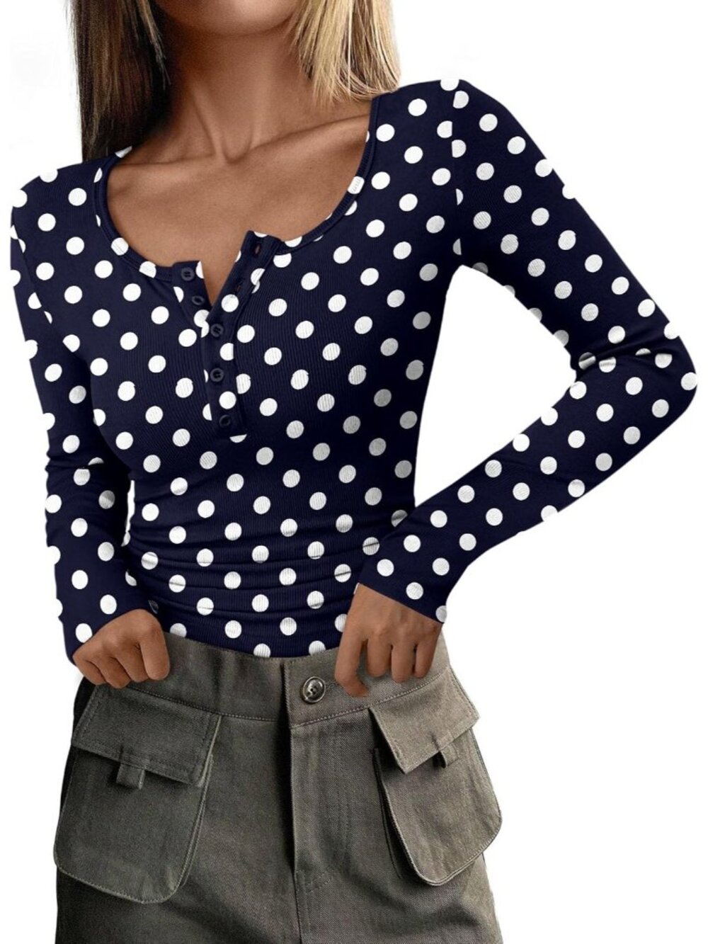 Womens White Polka Dot Ribbed Knit Long Sleeve Henley Button Up Tee Layering Top